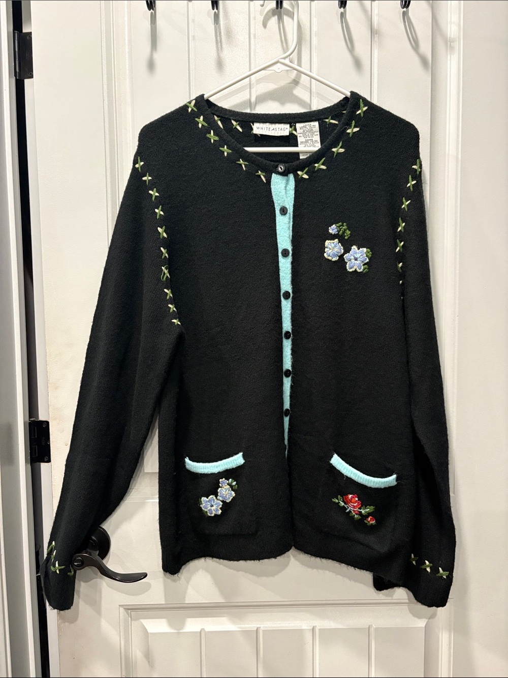 White Stag Black Cardigan with Aqua Trim and Floral Embroidery